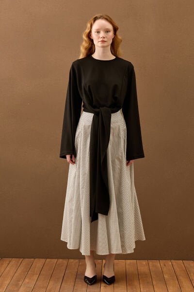 Beyaz Siyah Pötikare Parçalı Etek