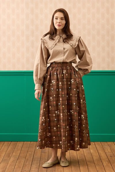 Acı Kahve Çiçek Desenli Balon Etek