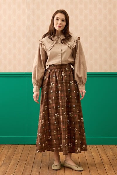 Acı Kahve Çiçek Desenli Balon Etek