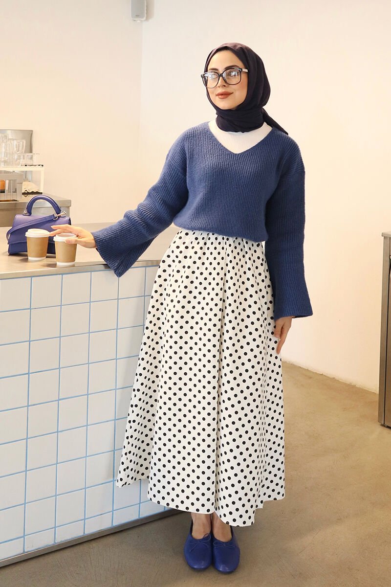 Beyaz Siyah Puantiyeli Keten Kloş Etek