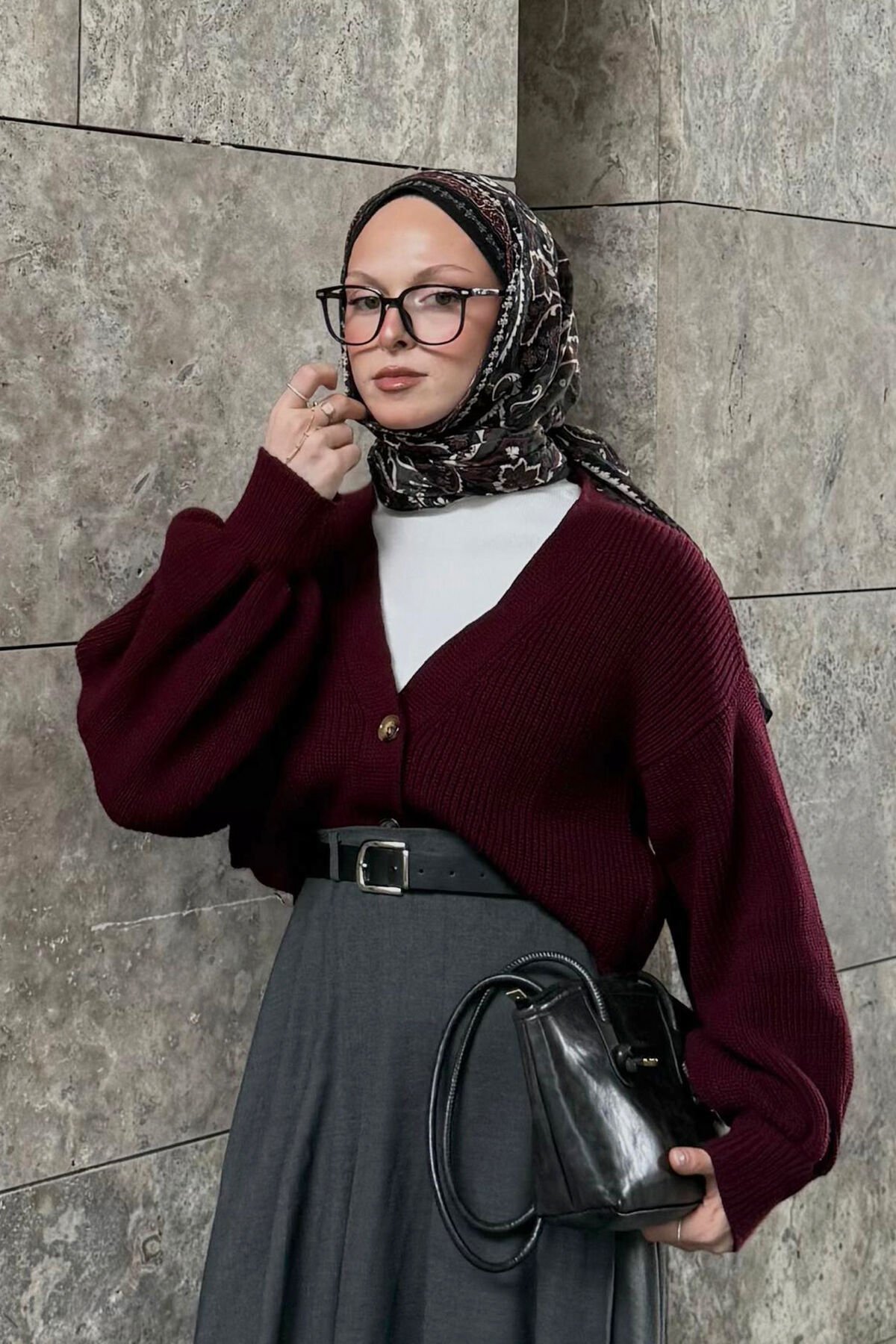 Bordo Balon Kol Triko Hırka I Hale