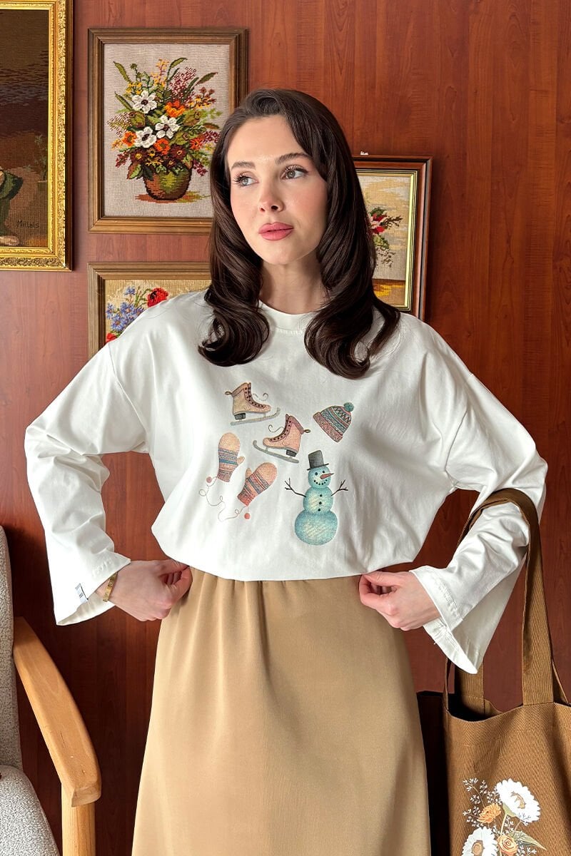 Ekru Winter Baskılı Basic Body