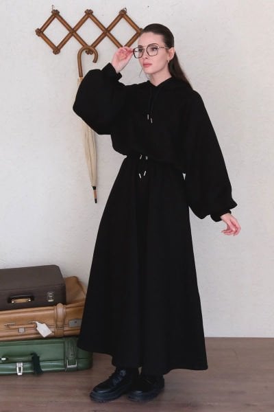 Siyah 3 İplik Sweat & Etek Takım