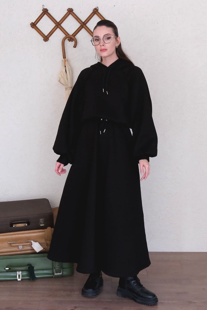 Siyah 3 İplik Sweat & Etek Takım