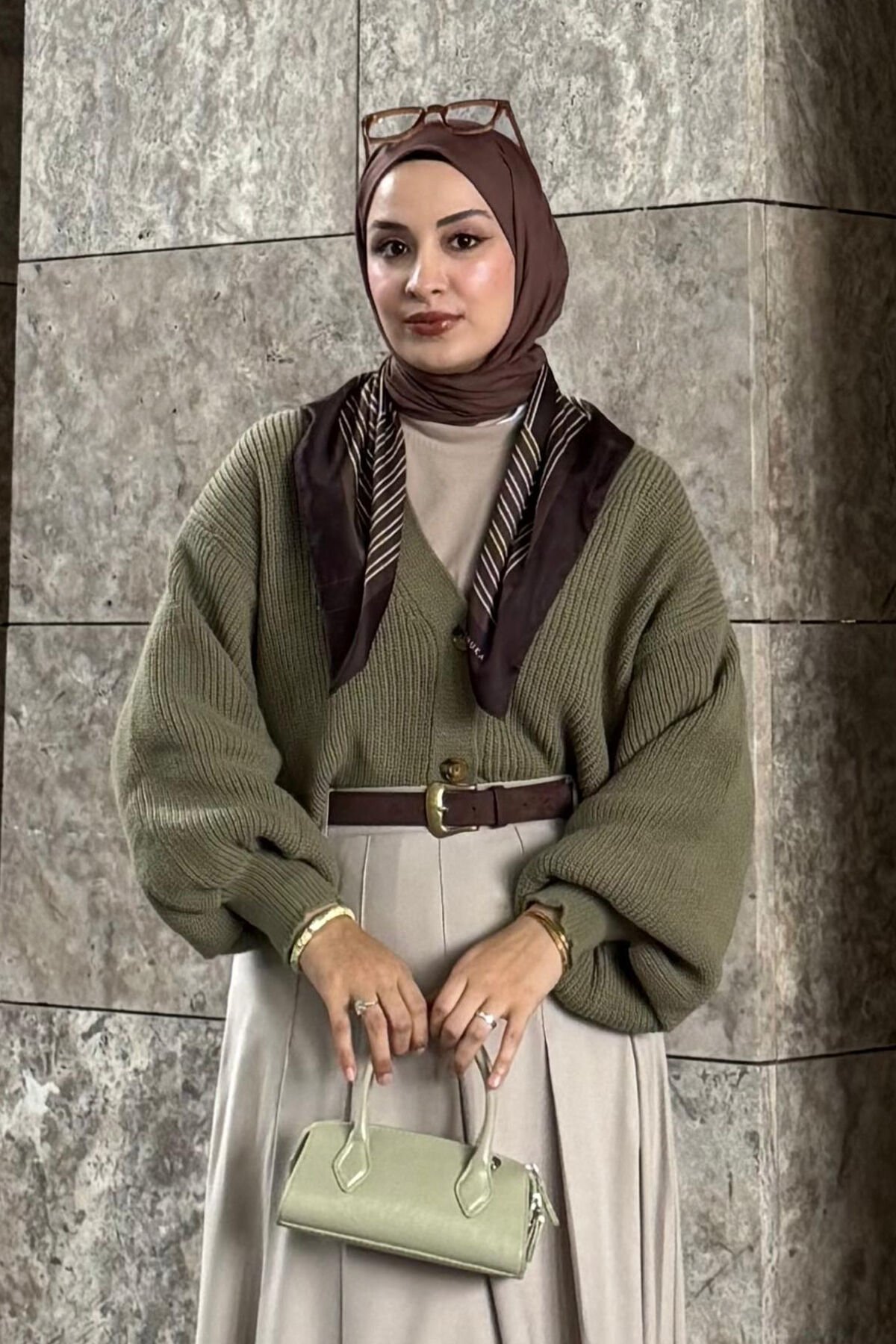 Küf Yeşili Balon Kol Triko Hırka