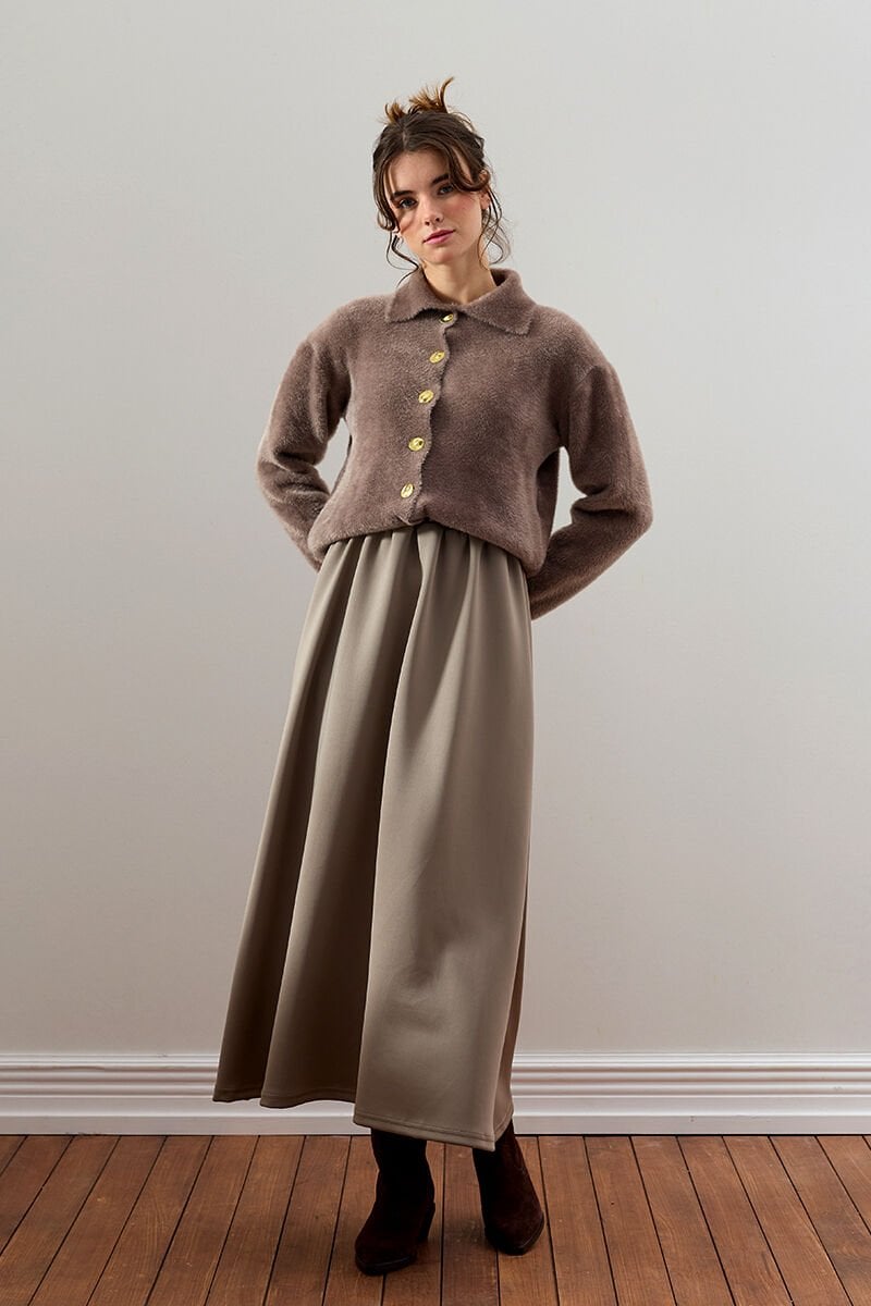 Vizon Polo Yaka Peluş Hırka & Vizon Scuba Etek Takım