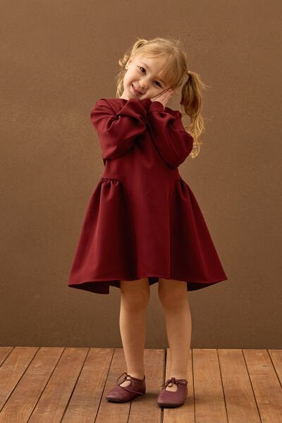Bordo Krep Korsaj Detay Çocuk Elbise