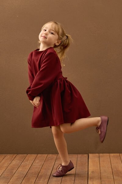 Bordo Krep Korsaj Detay Çocuk Elbise