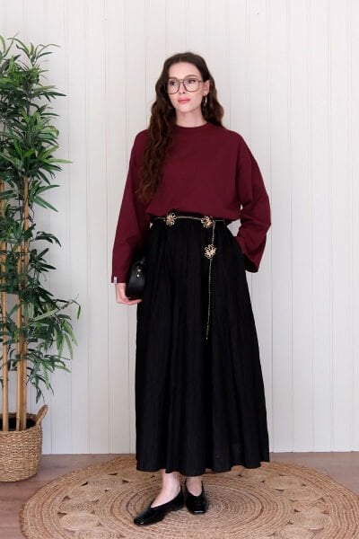 Bordo Body & Siyah Kraşlı Balon Etek