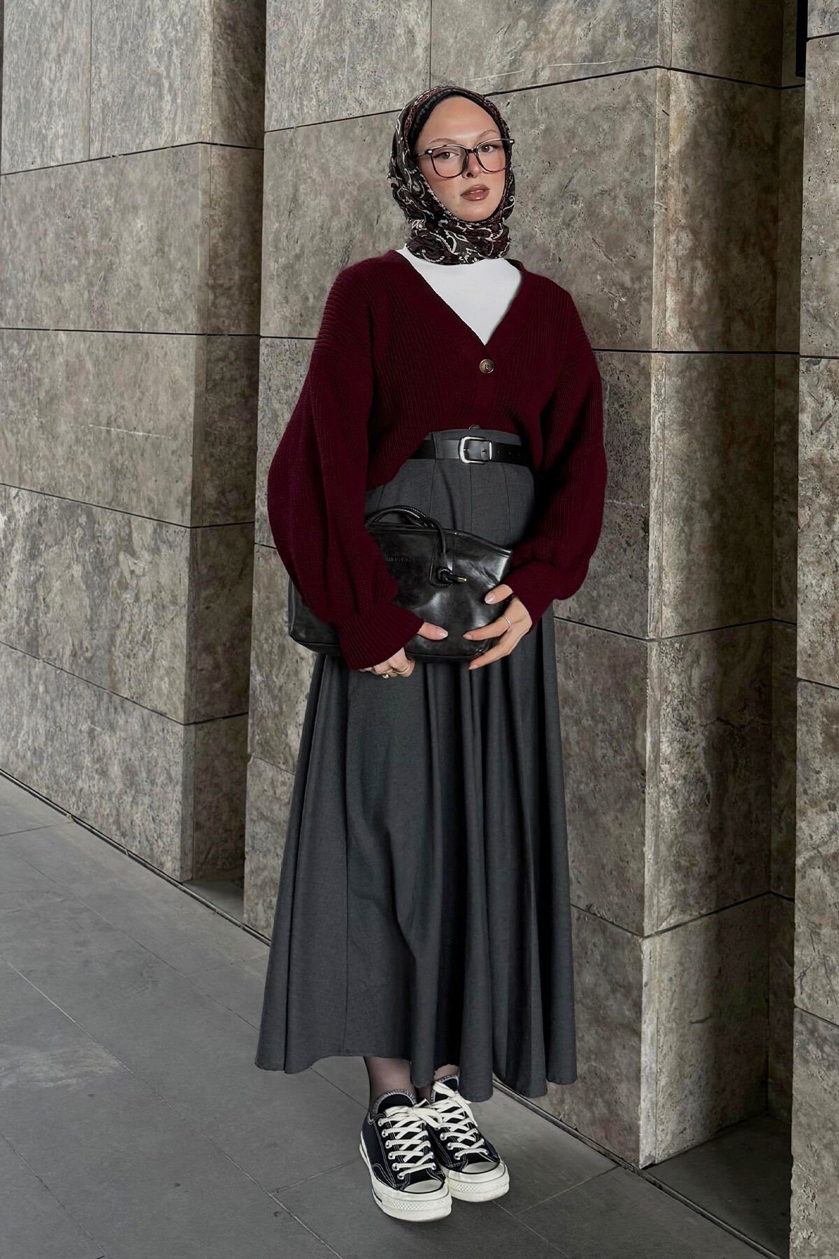 Bordo Balon Kol Triko Hırka & Antrasit Poliviskon Kolej Etek Takım I Hale