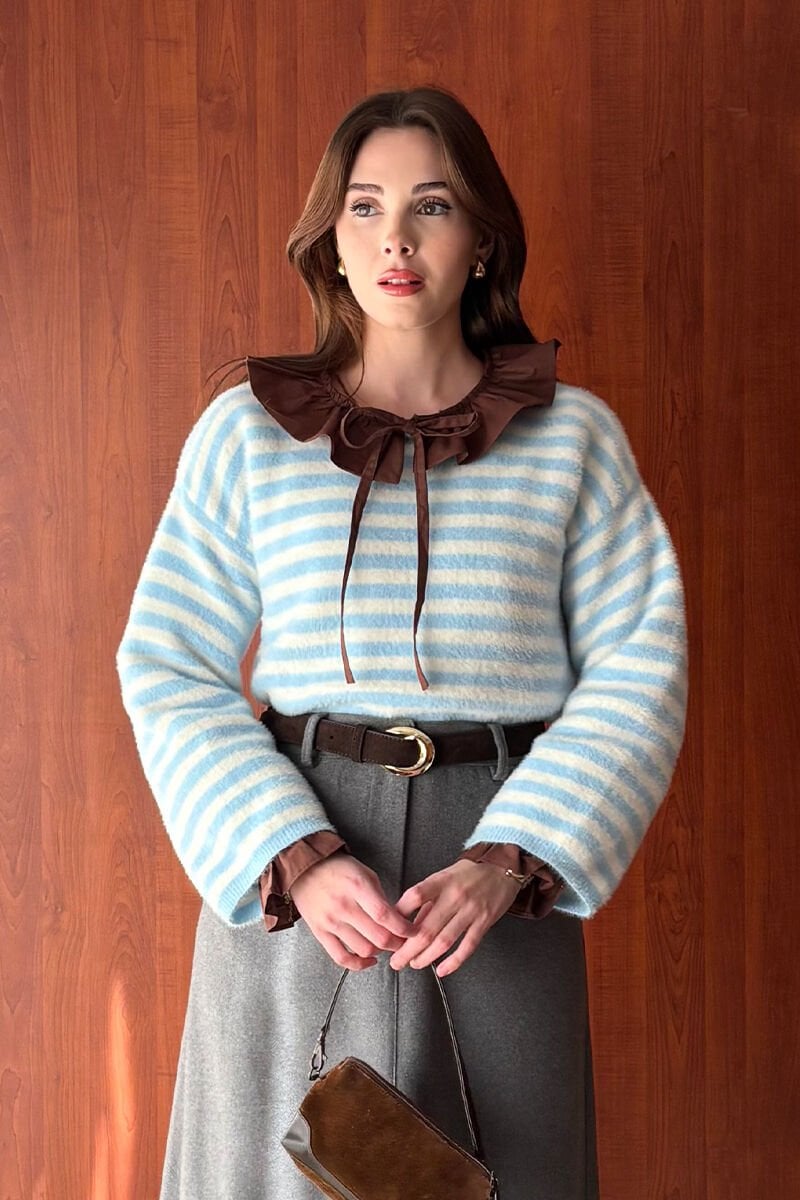 Soft Mavi Çizgili Peluş Kazak