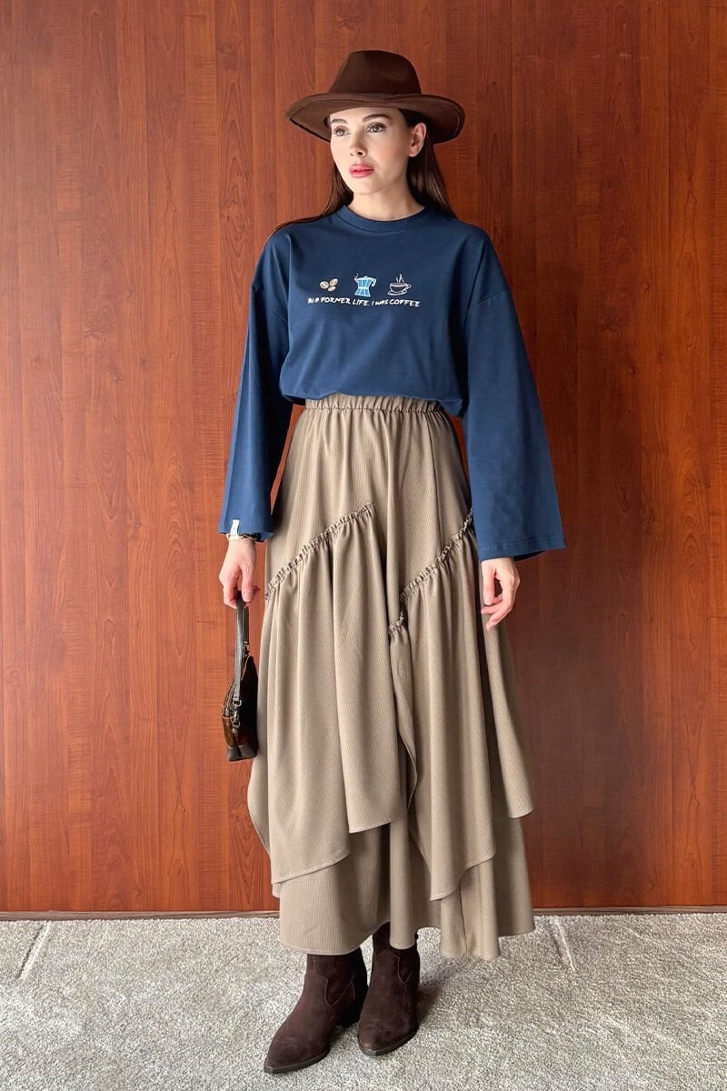 Lacivert Coffee Baskılı Basic Body & Vizon Çizgili Poliviskon Bohem Kat Etek Takım