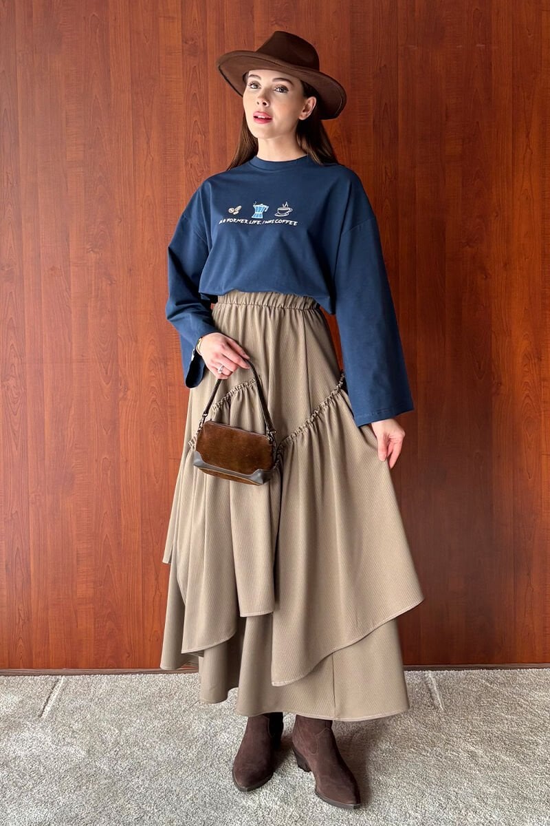 Vizon Çizgili Poliviskon Bohem Kat Etek