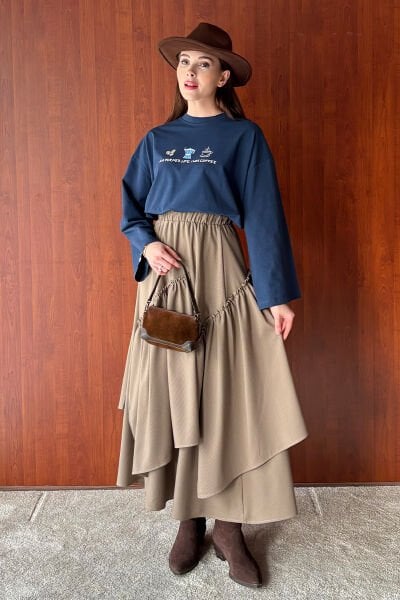 Vizon Çizgili Poliviskon Bohem Kat Etek