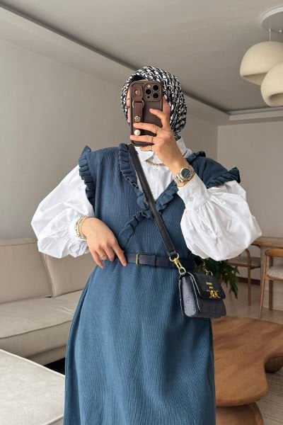 İndigo Triko Fırfır Yaka jile / Sema Tektaş