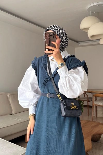 İndigo Triko Fırfır Yaka jile / Sema Tektaş