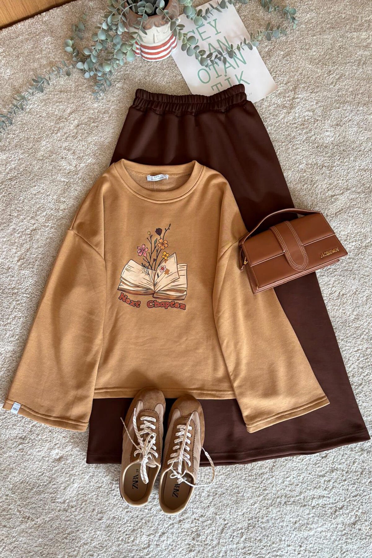 Karamel Baskılı 3 İp Body & Acı Kahve Scuba Etek Takım