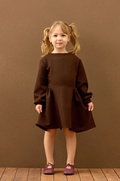 Bordo Krep Pile Detay Çocuk Elbise