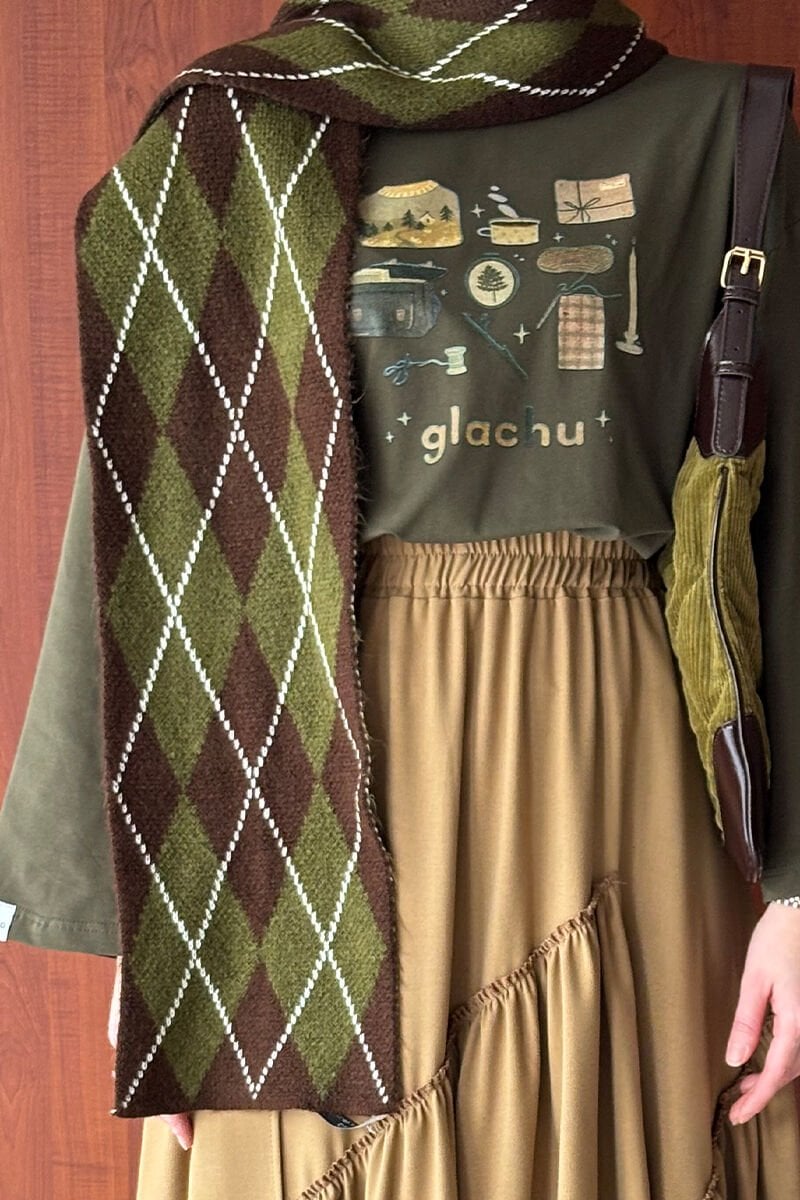 Haki Baklava Desenli Atkı