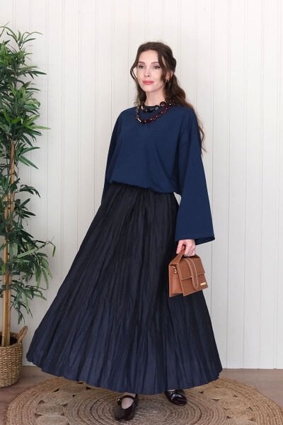 Lacivert Kraşlı Balon Etek