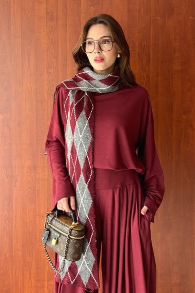 Bordo Baklava Desenli Atkı