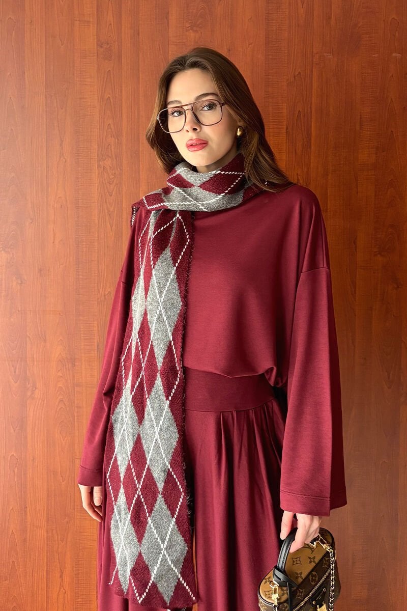 Bordo Baklava Desenli Atkı