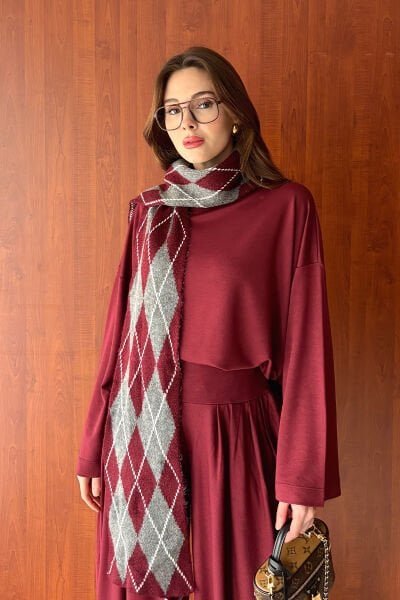 Bordo Baklava Desenli Atkı