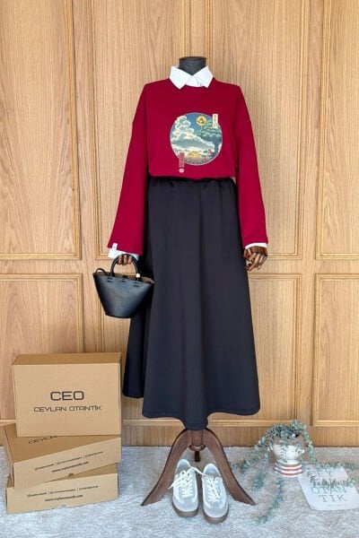 Bordo Baskılı 3 İp Body & Siyah Scuba Etek Takım