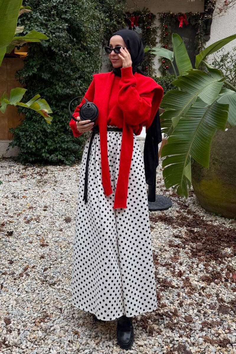 Beyaz Siyah Puantiyeli Keten Kloş Etek