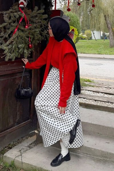 Beyaz Siyah Puantiyeli Keten Kloş Etek