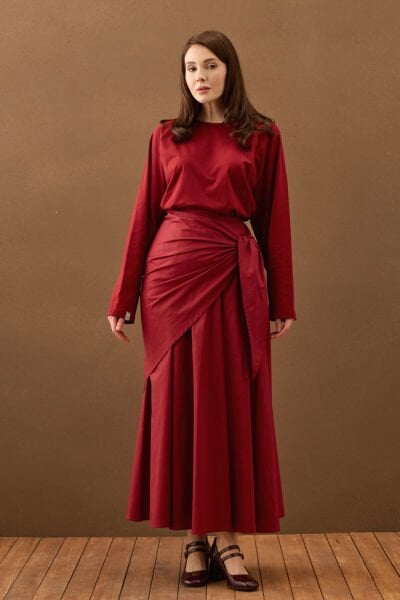 Bordo Bağlamalı Pamuk Etek