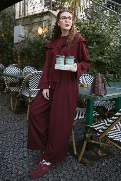 Bordo Oysho Bağlamalı Pantolon Takım