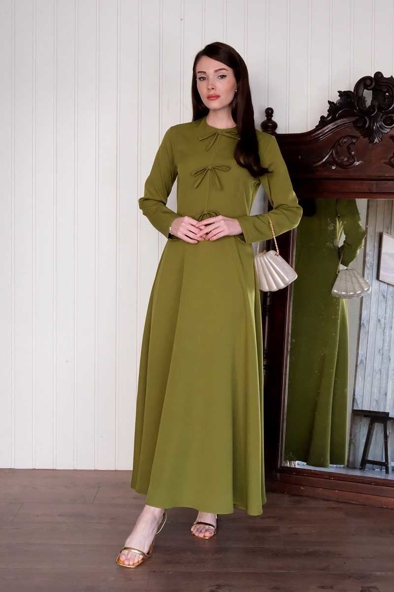 Yağ Yeşili Fiyonk Detay Krep Elbise