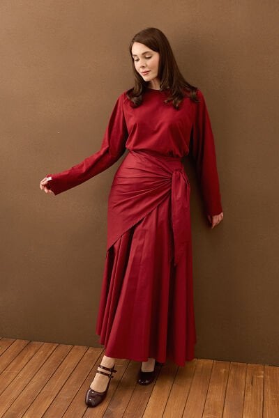 Bordo Bağlamalı Pamuk Etek