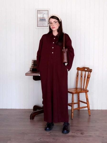 Bordo Düğme Detay Oysho Elbise