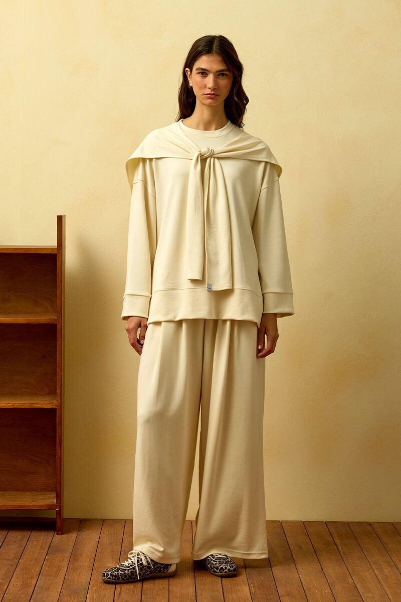 Krem Oysho Bağlamalı Pantolon Takım