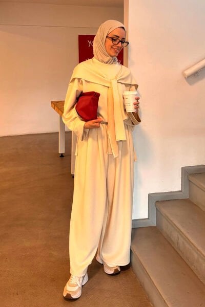 Krem Oysho Bağlamalı Pantolon Takım