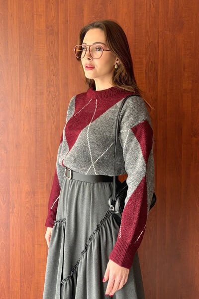 Bordo Baklava Desen Triko Kazak