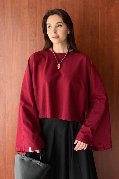 Bordo Süprem Yarasa Kol Crop