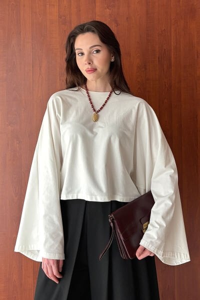 Ekru Süprem Yarasa Kol Crop