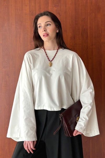 Ekru Süprem Yarasa Kol Crop