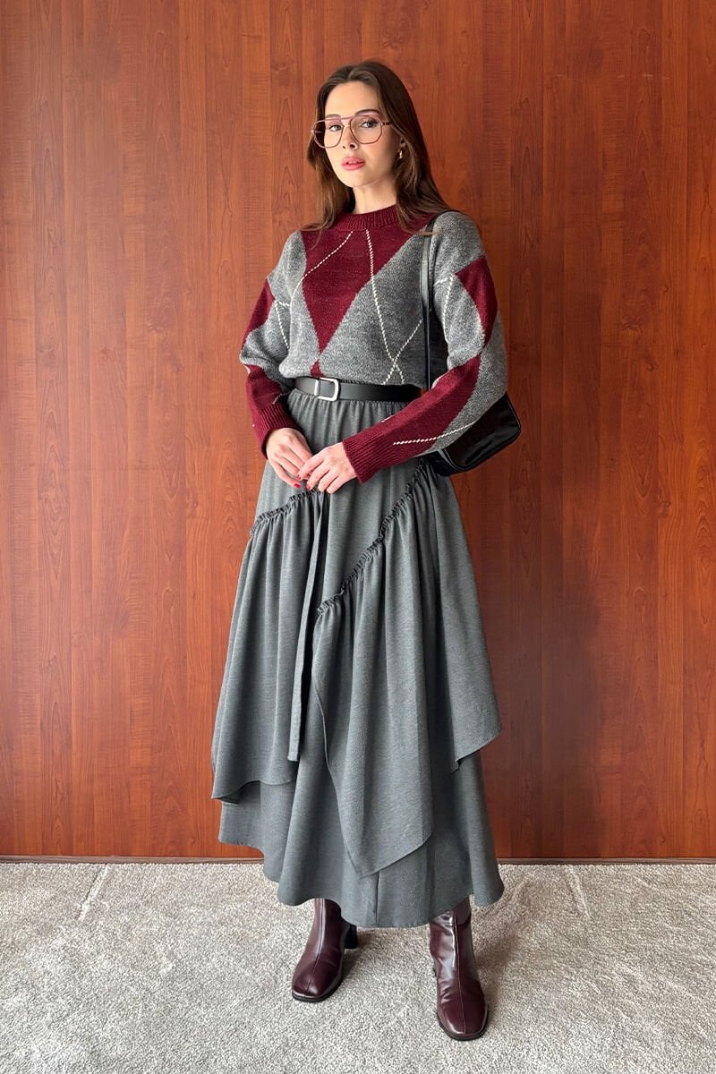 Bordo Baklava Desen Triko Kazak & Antrasit Poliviskon Bohem Kat Etek Takım