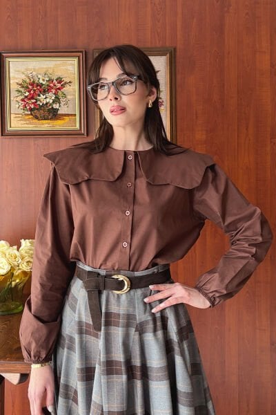 Acı Kahve Papatya Yaka Crop Gömlek