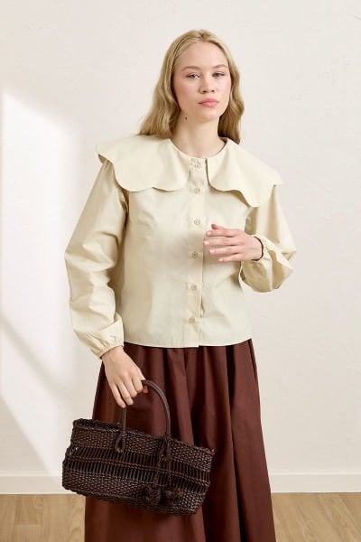 Krem Papatya Yaka Crop Gömlek