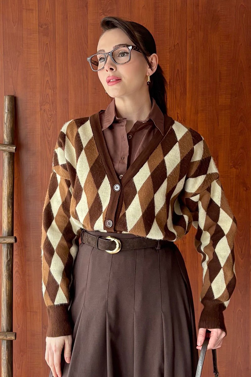 Acı Kahve Baklava Desenli Triko Hırka