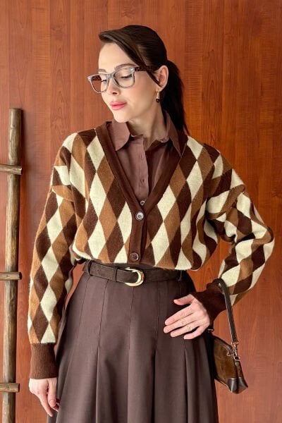 Acı Kahve Baklava Desenli Triko Hırka