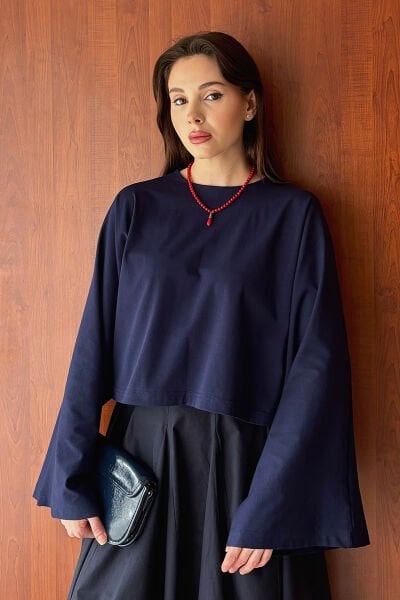 Lacivert Süprem Yarasa Kol Crop