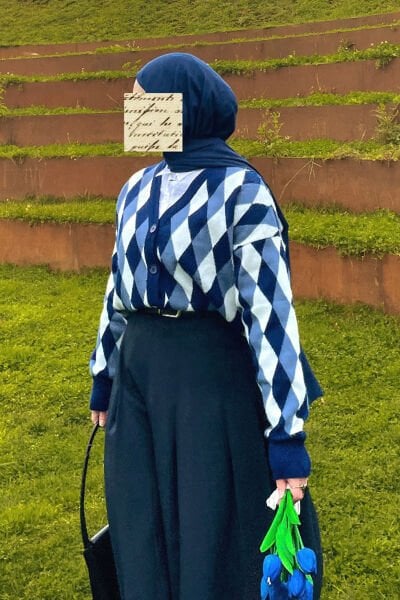 Lacivert Baklava Desenli Triko Hırka