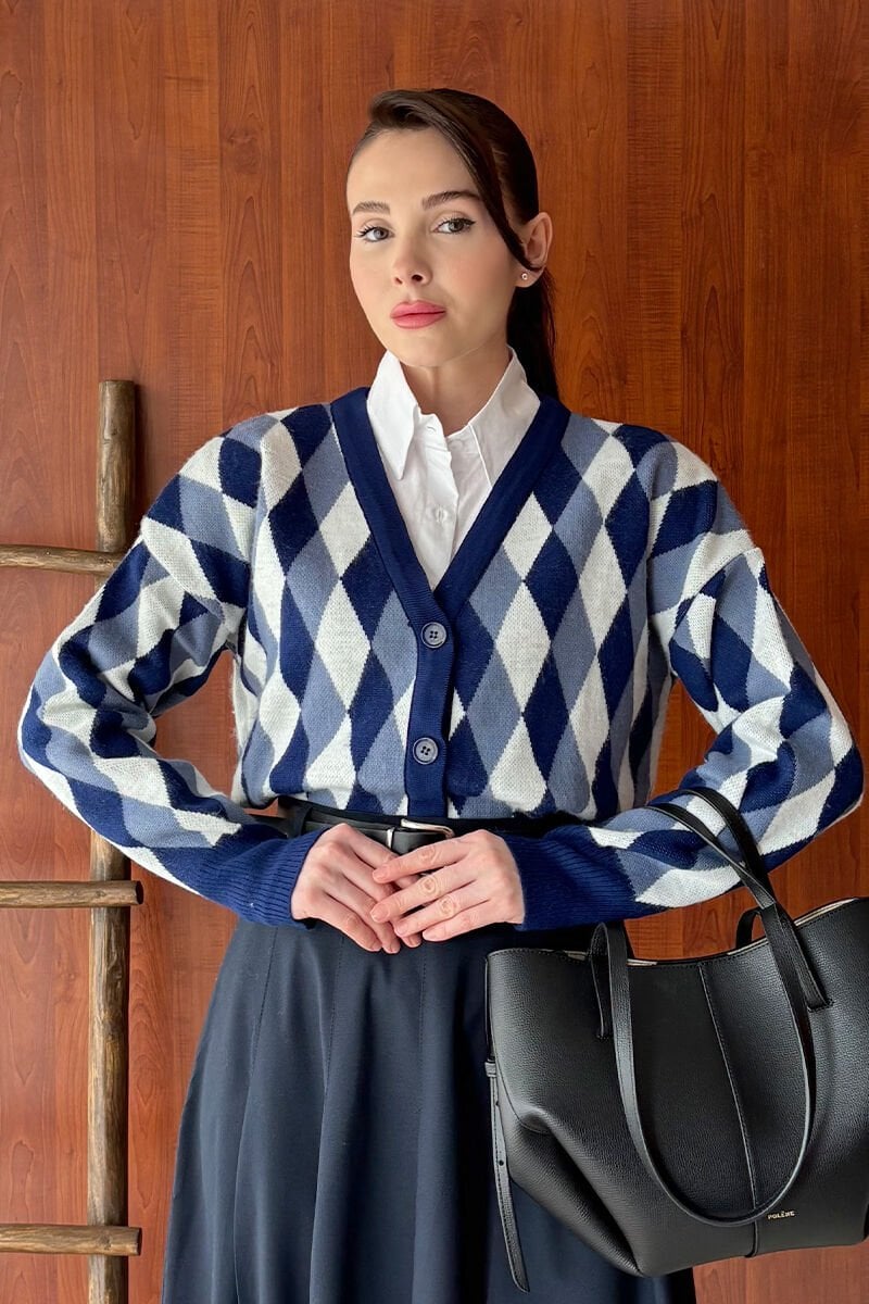 Lacivert Baklava Desenli Triko Hırka