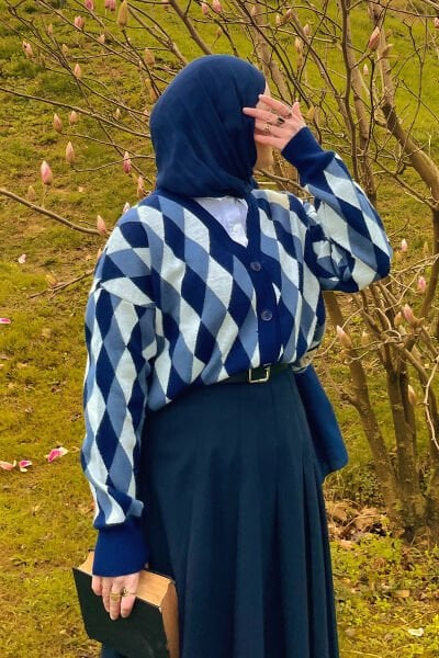 Lacivert Baklava Desenli Triko Hırka